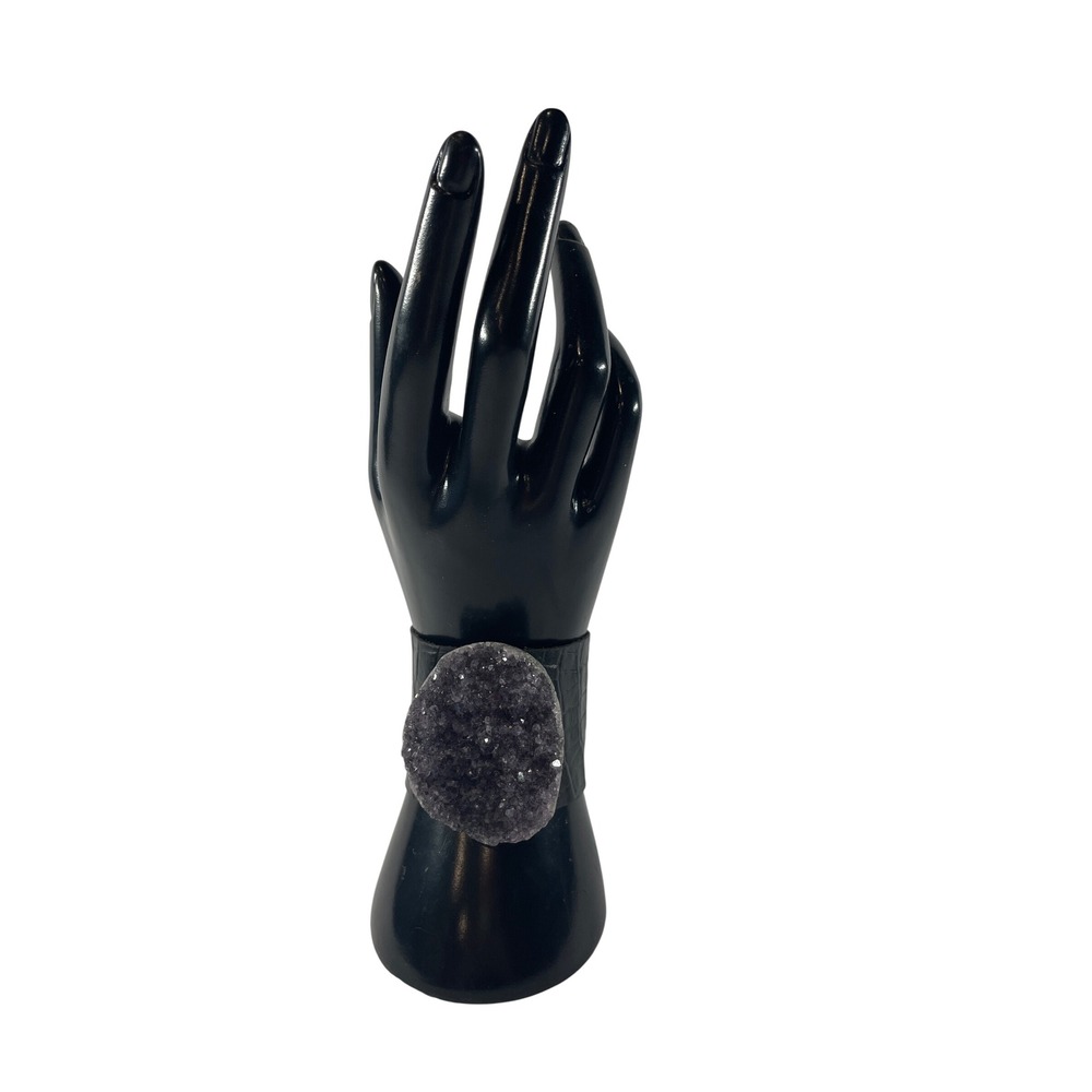 Karli Buxton Black Embossed Leather Cuff Bracelet Raw Druzy Geode Snap‎